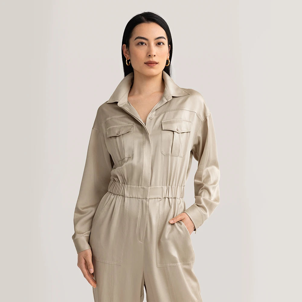 Elastic Waist Silk Cargo Jumpsuit