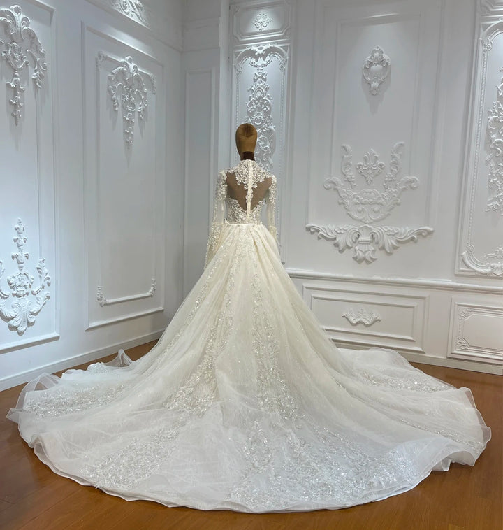 Ivory beaded lace skirt with sheer yoke and layered tulle hem
