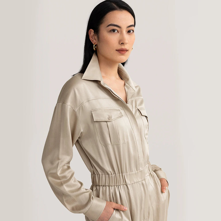 Elastic Waist Silk Cargo Jumpsuit