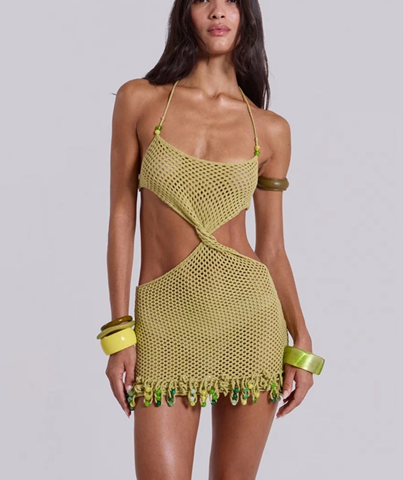 Army green crochet knit bikini cover-up with halter straps and fringed hem