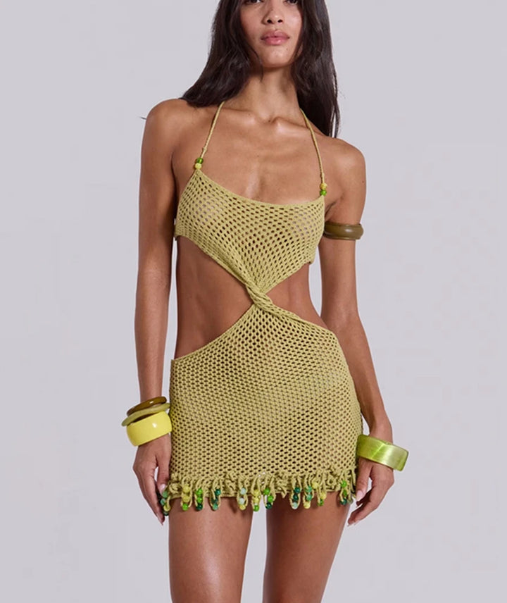 Army green crochet knit bikini cover-up with halter straps and fringed hem