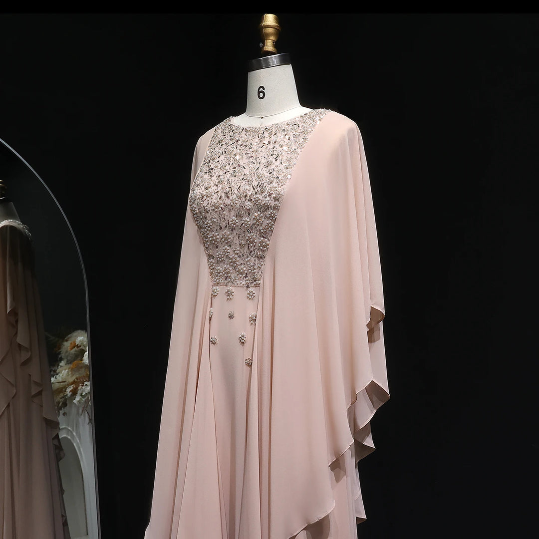 Elegant Ruffled Arabic Evening Dress-With Cape Sleeves