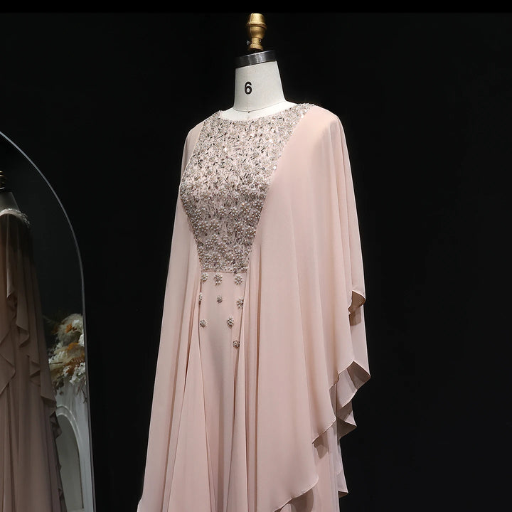 Elegant Ruffled Arabic Evening Dress-With Cape Sleeves