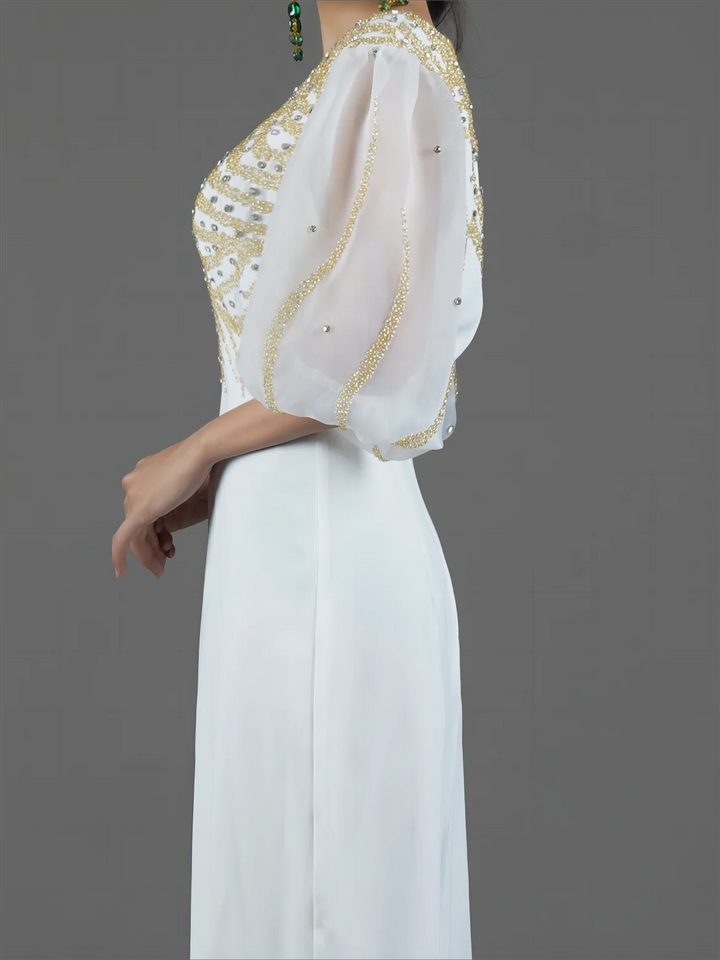 Gold Pearl Puff Sleeves Evening Dress