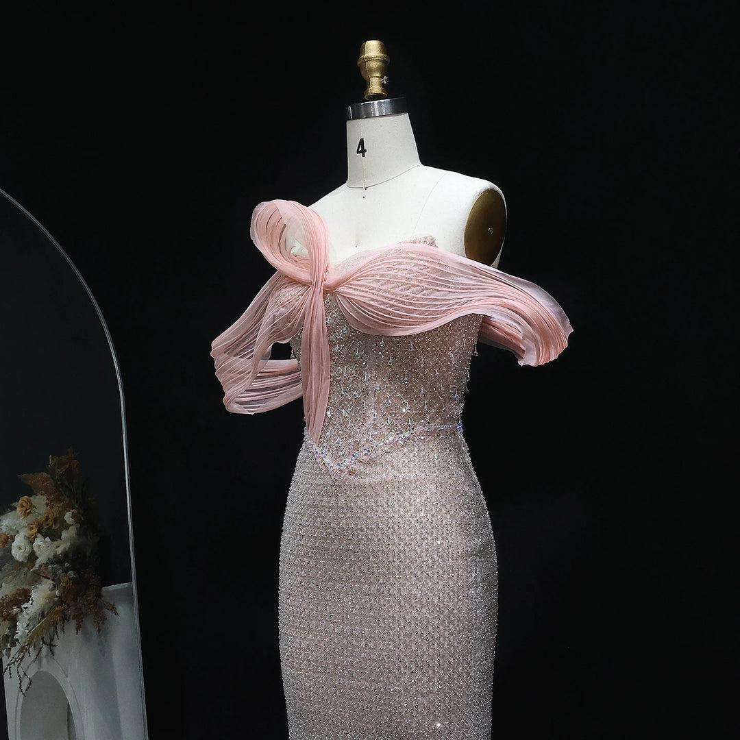 Off Shoulder Blush Pink Arabic Evening Dress