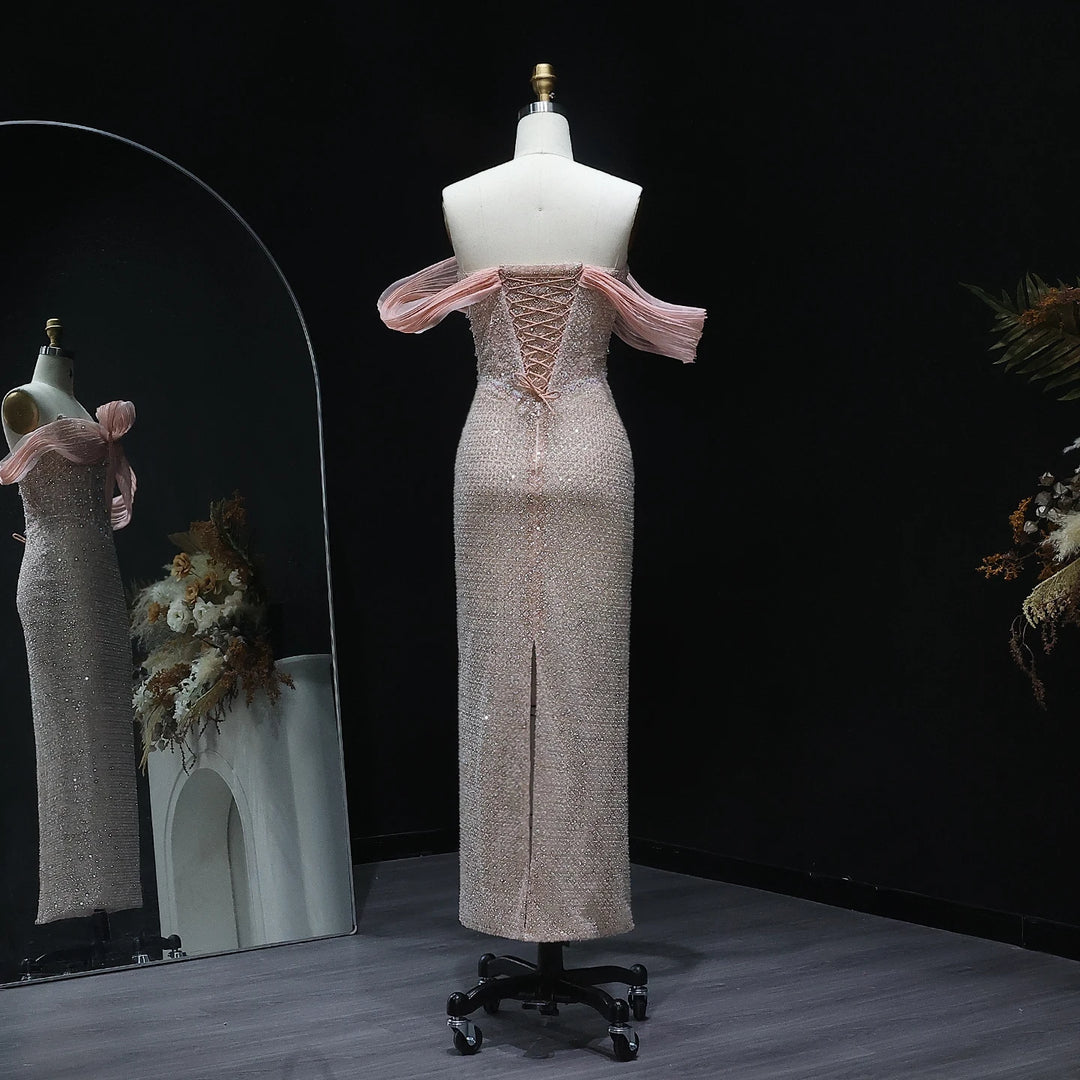 Off Shoulder Blush Pink Arabic Evening Dress