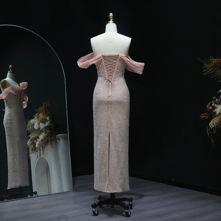 Off Shoulder Blush Pink Arabic Evening Dress