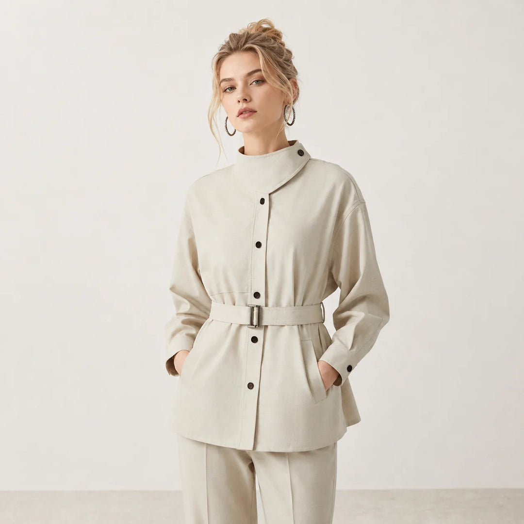 Wool slim trench coat, light cream, button front with belted waist, stand collar.