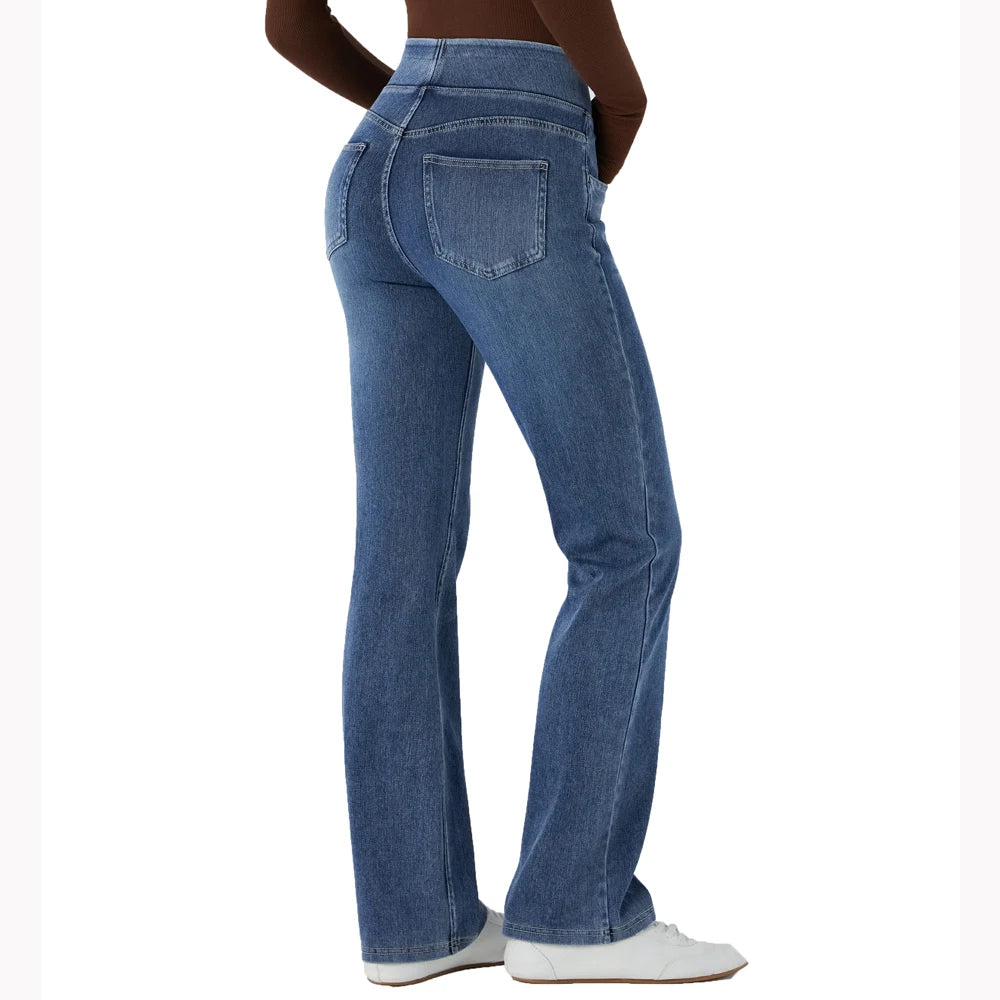 Light blue bootcut pull-on denim jeans, back view with yoke and two back pockets.
