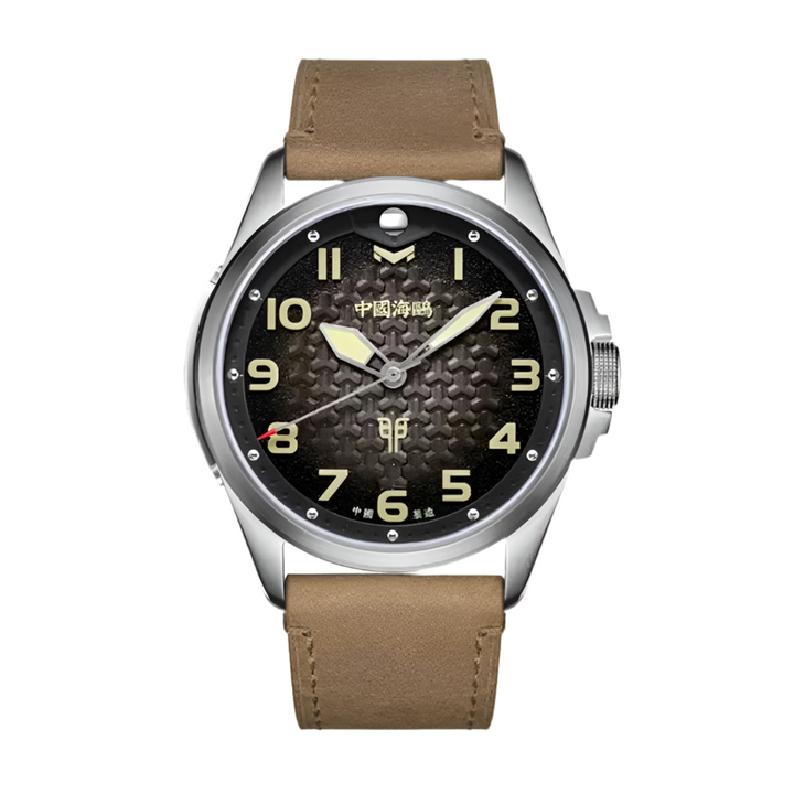 Watch with brown leather strap and black dial on a white background