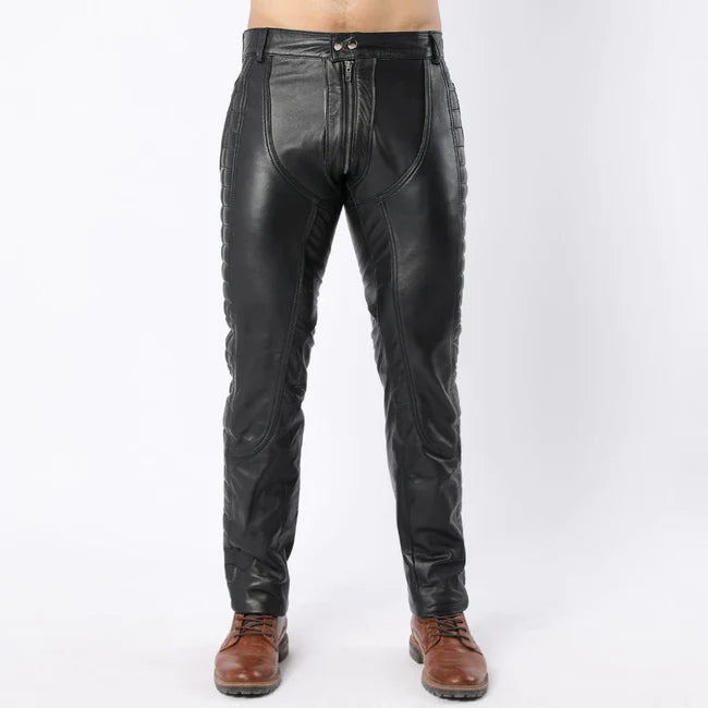 Black Leather Quilted Full Back Zipper Men's Biker Pants | All For Me Today