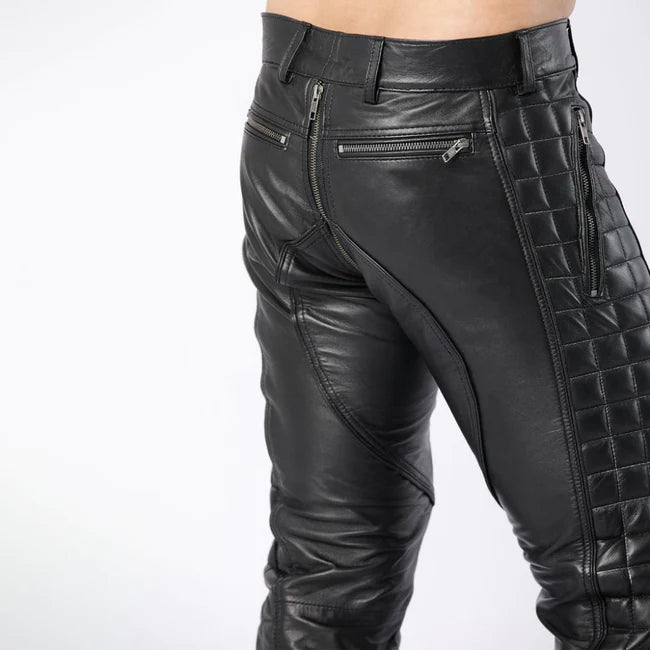 Black Leather Quilted Full Back Zipper Men's Biker Pants | All For Me Today