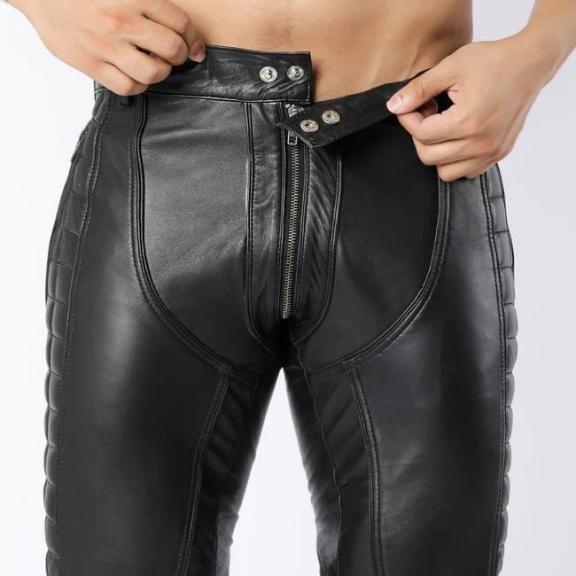 Black Leather Quilted Full Back Zipper Men's Biker Pants | All For Me Today