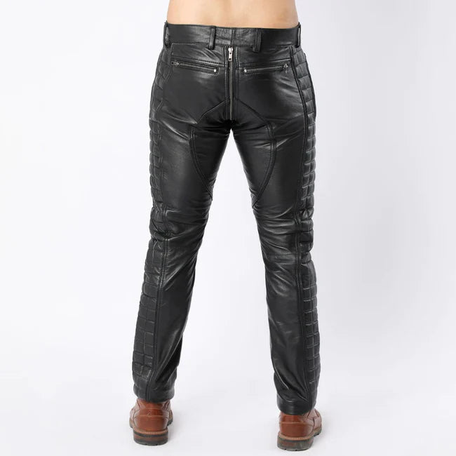 Black Leather Quilted Full Back Zipper Men's Biker Pants | All For Me Today