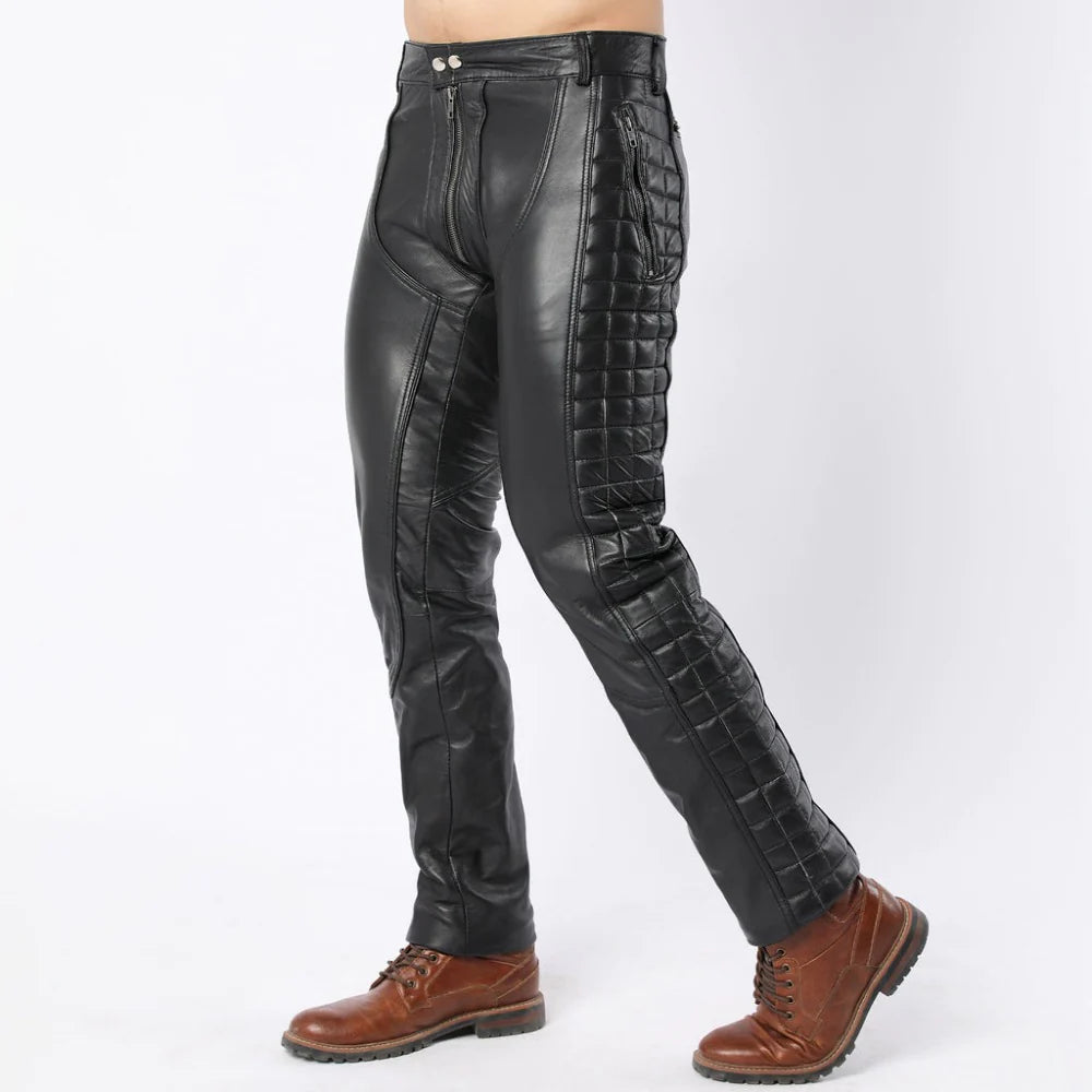 Black Leather Quilted Full Back Zipper Men's Biker Pants | All For Me Today