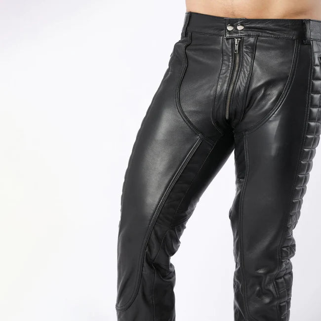 Black Leather Quilted Full Back Zipper Men's Biker Pants | All For Me Today