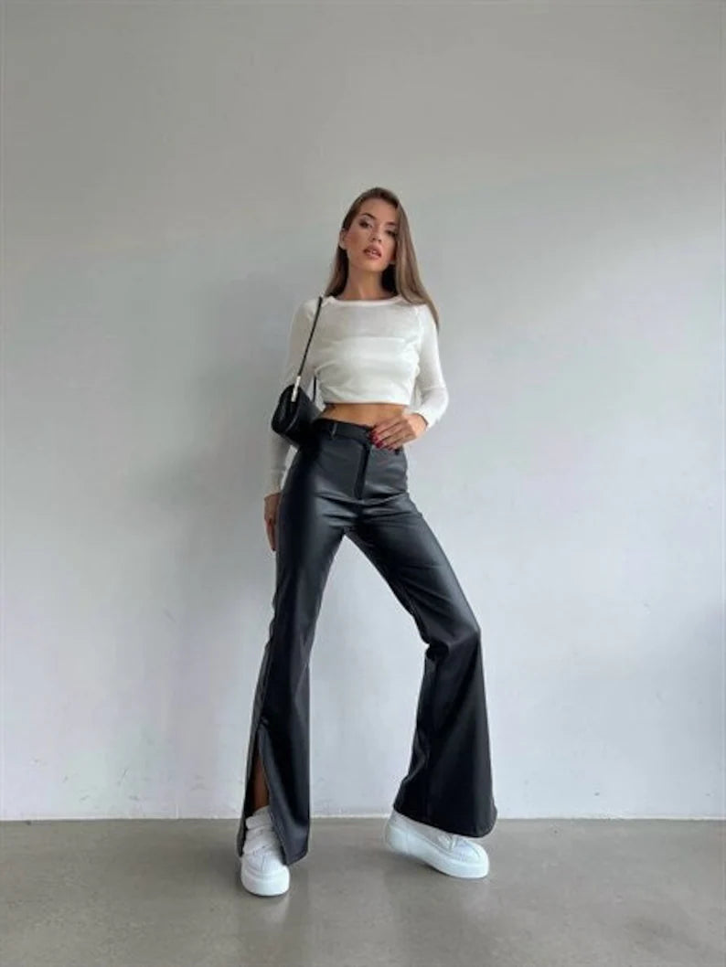 Black Leather Women's Palazzo Pants | All For Me Today