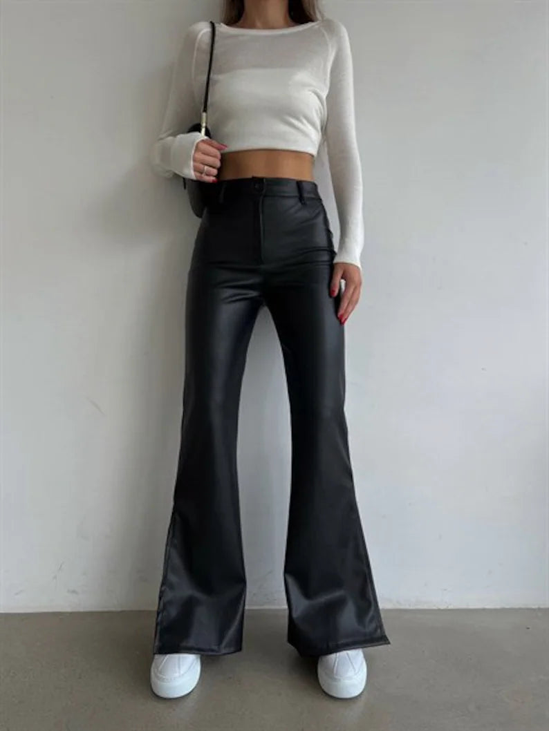 Black Leather Women's Palazzo Pants | All For Me Today