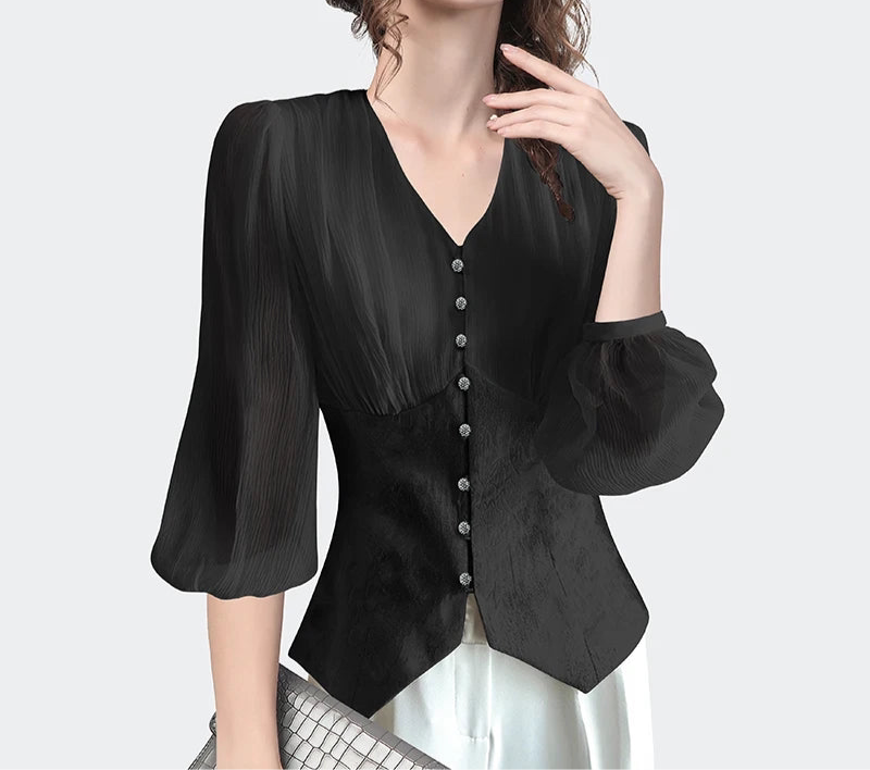 Elegant Lantern Sleeve Slim-fit Top