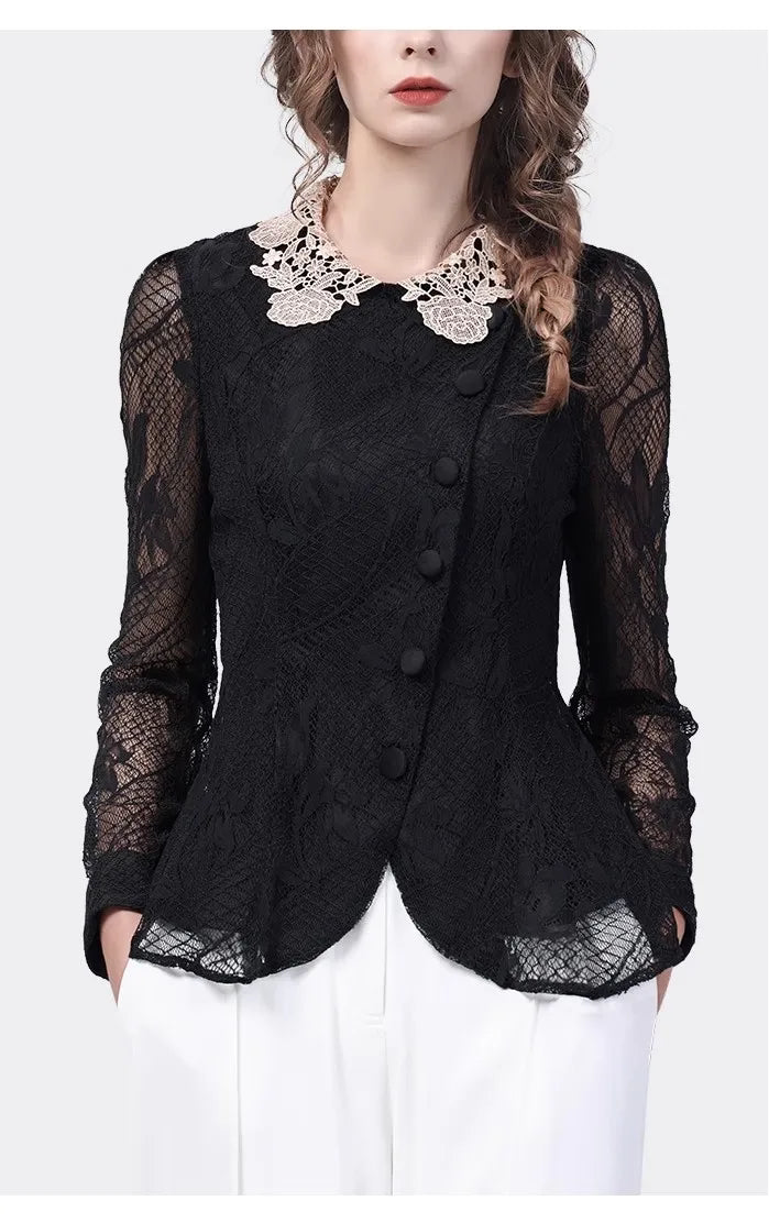 Stylish Hollow Out Black Lace Blouse