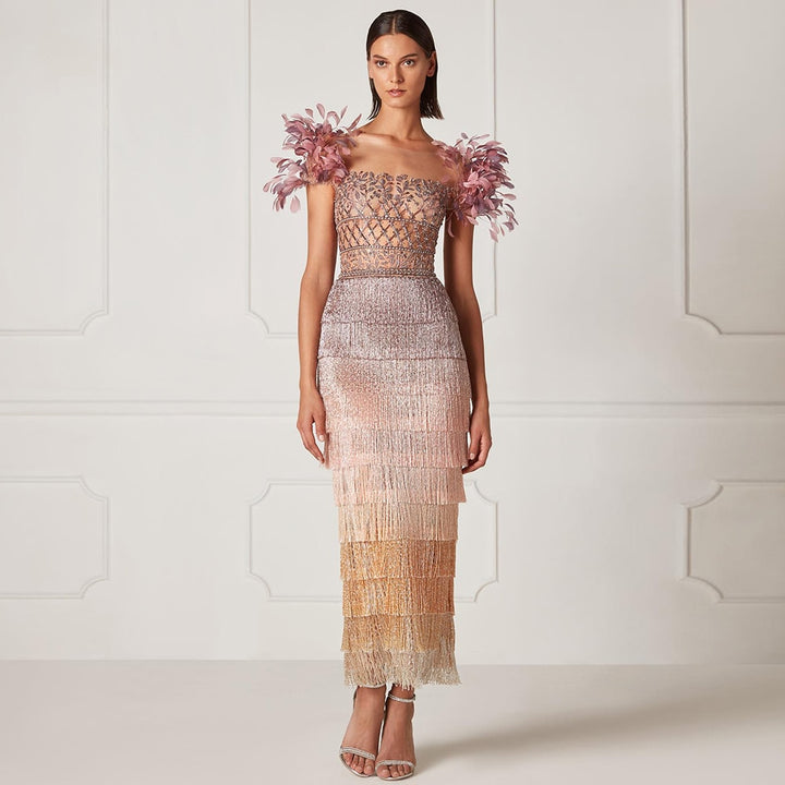 Elegant Feathers Tassel Evening Dress | All For Me Today