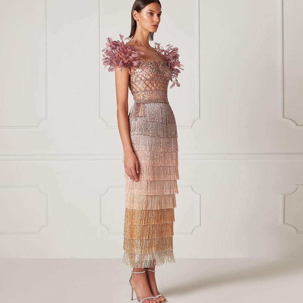 Elegant Feathers Tassel Evening Dress | All For Me Today