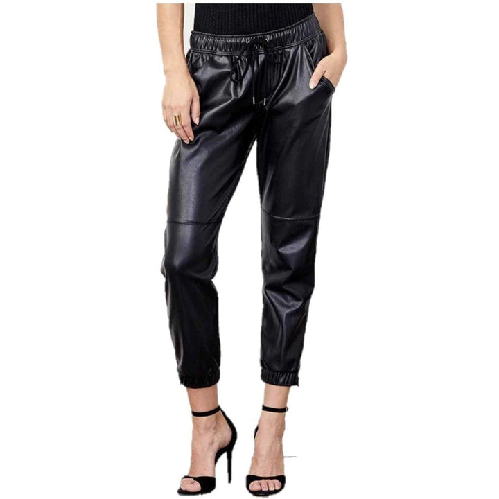 Flexible Waistband Women's Plain Black Leather Trousers | All For Me Today