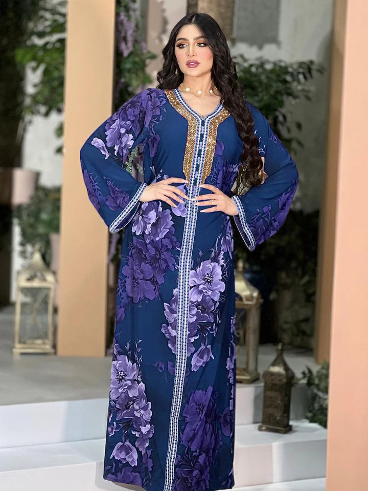 Floral Print Rhinestone Women's Kaftan Abaya Dress | All For Me Today