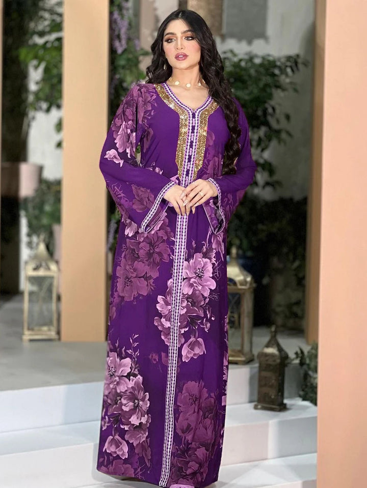 Floral Print Rhinestone Women's Kaftan Abaya Dress | All For Me Today