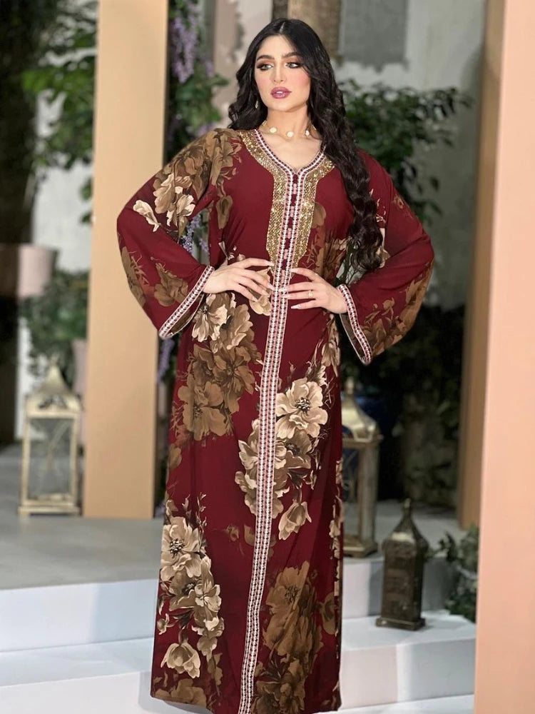 Floral Print Rhinestone Women's Kaftan Abaya Dress | All For Me Today