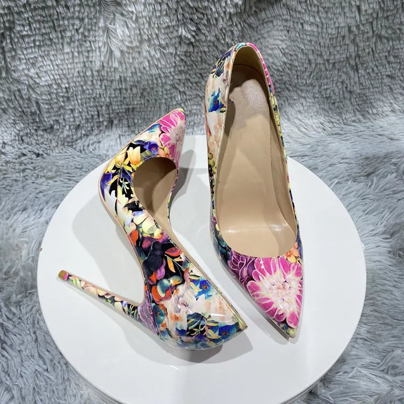 Flowers Glossy Women's Pointy Toe Stiletto Pumps | All For Me Today