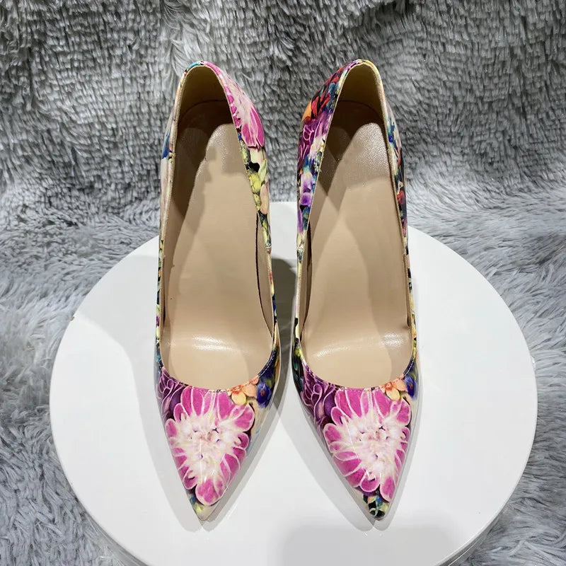 Flowers Glossy Women's Pointy Toe Stiletto Pumps | All For Me Today