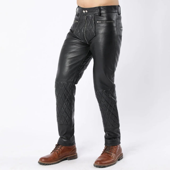 Full Back Zipper Lambskin Leather Men's Quilted Pants | All For Me Today