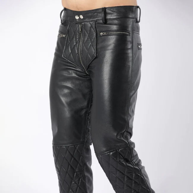 Full Back Zipper Lambskin Leather Men's Quilted Pants | All For Me Today