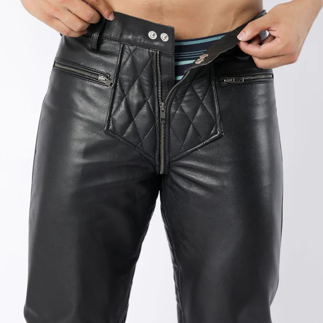 Full Back Zipper Lambskin Leather Men's Quilted Pants | All For Me Today