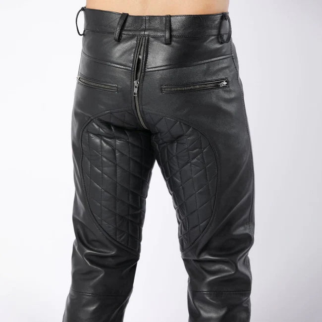 Full Back Zipper Lambskin Leather Men's Quilted Pants | All For Me Today