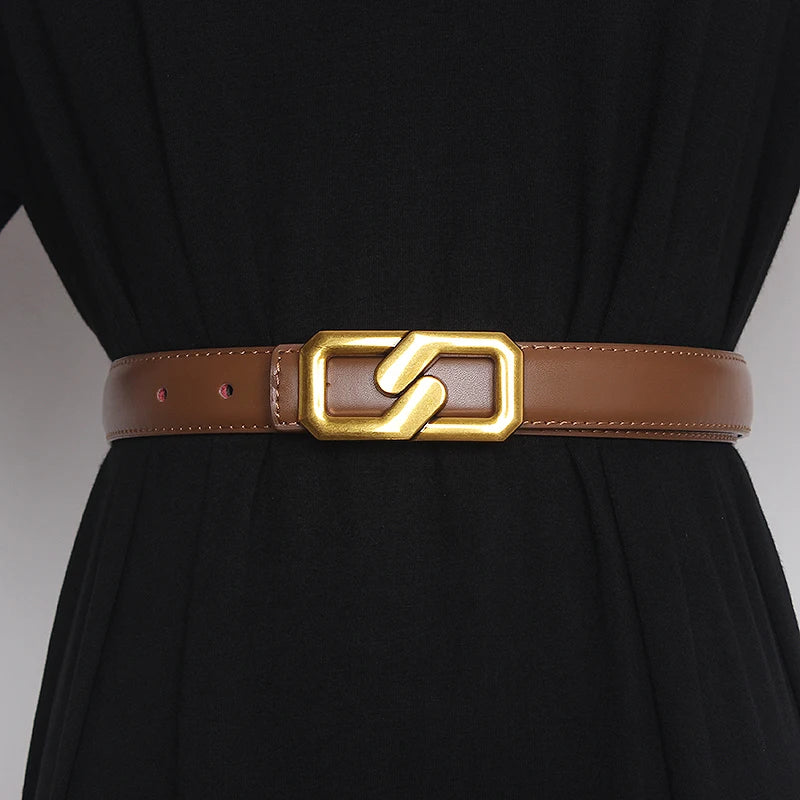 Coffee brown genuine leather women’s belt with gold-tone buckle