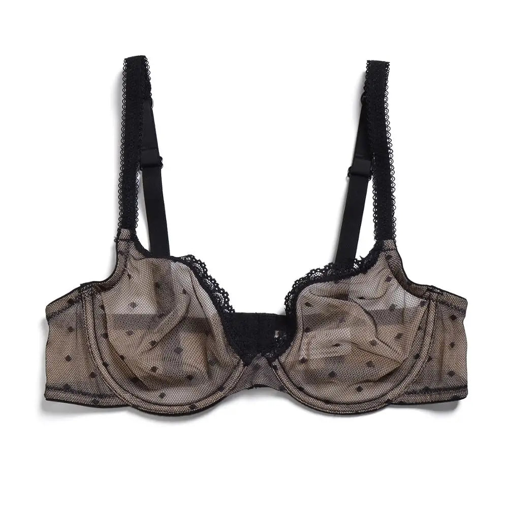 Black transparent lace dot mesh underwire bra with thin straps and lace-trim cups