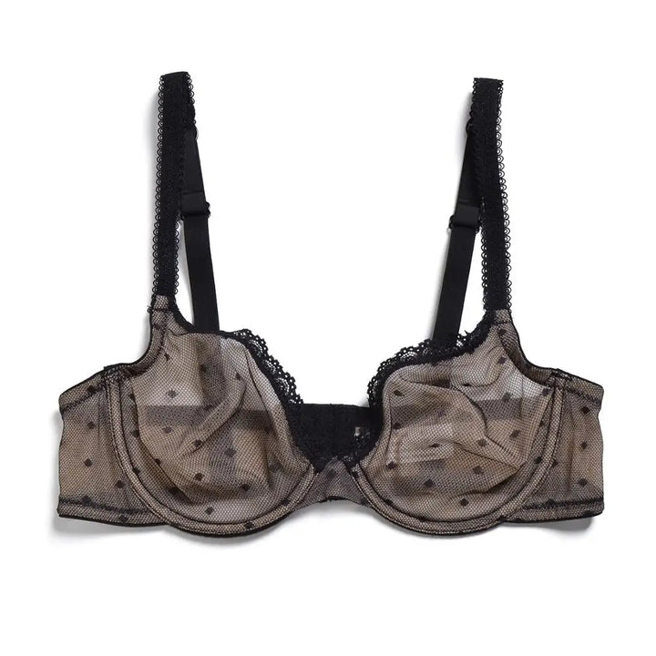 Black transparent lace dot mesh underwire bra with thin straps and lace-trim cups