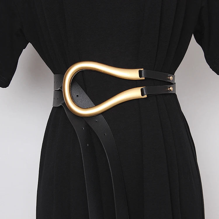 Wide genuine leather women’s belt with gold-tone heart-shaped buckle, black strap