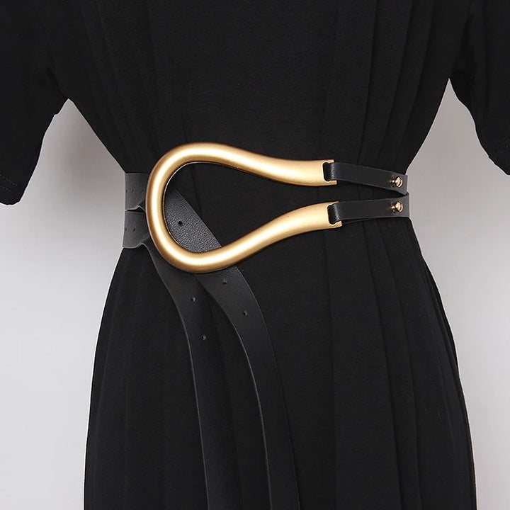 Wide genuine leather women’s belt with gold-tone heart-shaped buckle, black strap