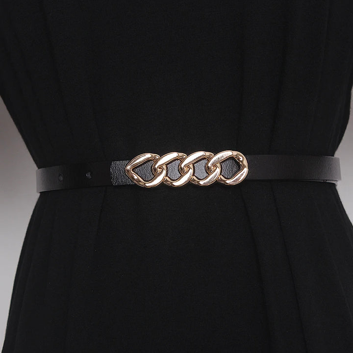 Women’s genuine leather corset belt with chain-link buckle, dark belt finish