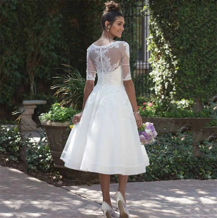 Graceful Sheer Scoop Short Wedding Dress