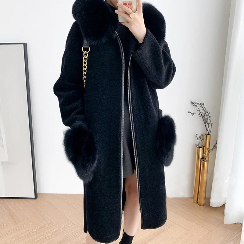Cozy Real Sheep Fur Collar Warm Jacket