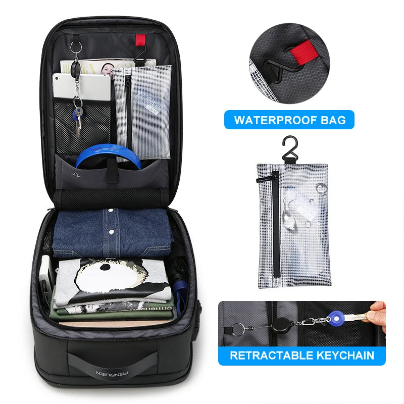 Black backpack open with waterproof pouch organizer and retractable keychain