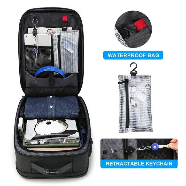 Black backpack open with waterproof pouch organizer and retractable keychain