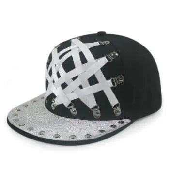 Black flat brim cap with white crisscross strap pattern and metal ring details