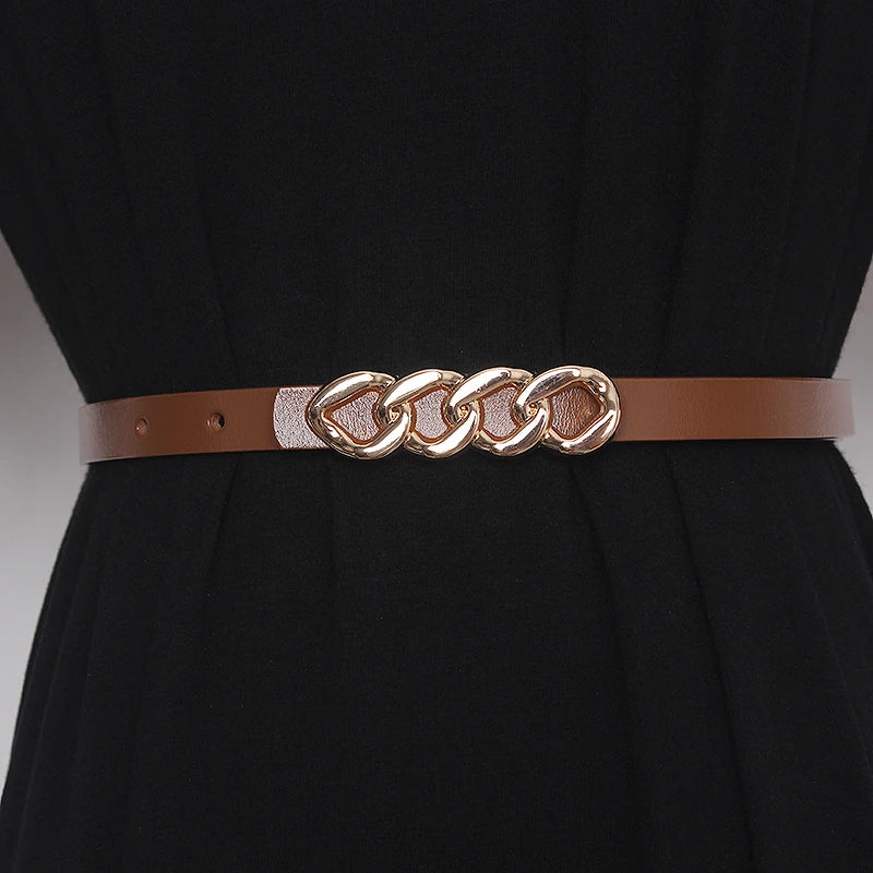 Women’s genuine leather corset belt with chain-link buckle and brown strap