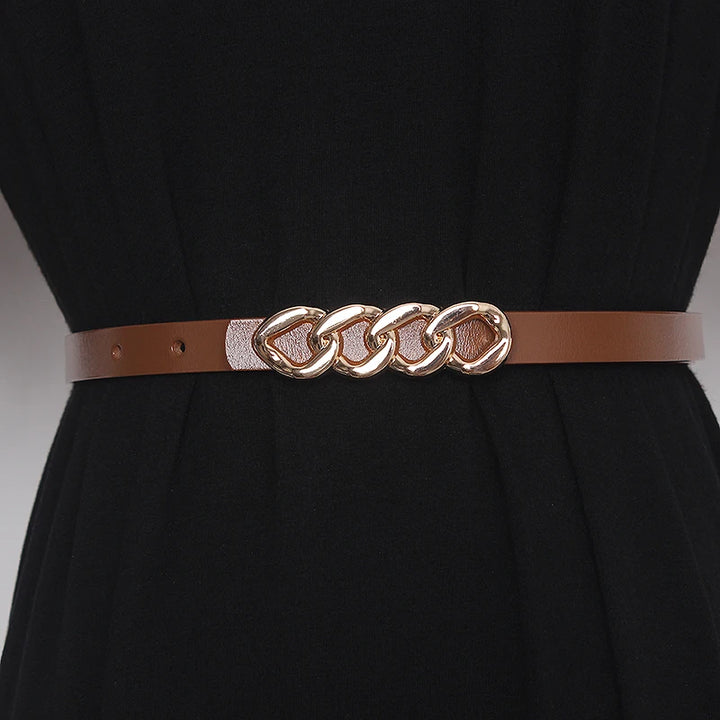 Women’s genuine leather corset belt with chain-link buckle and brown strap