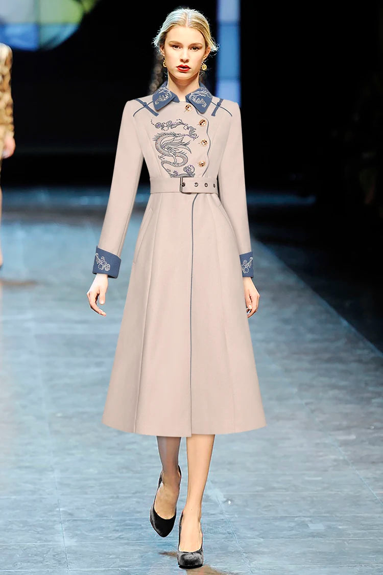 Chic Embroidery Belted Wool Coat